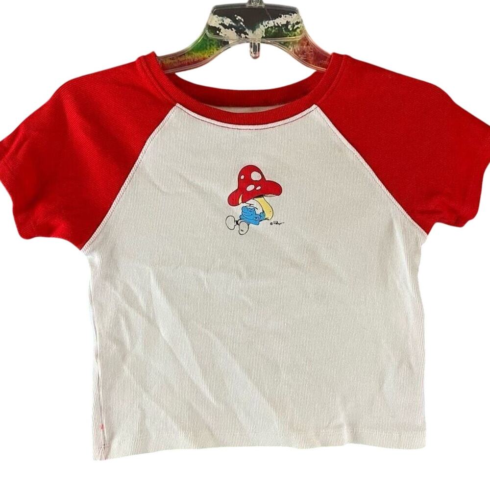 The Smurfs Peyo Ribbed Cropped Baby Tee Sleepy Smurf Graphic Mushroom Size Small